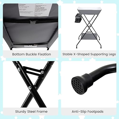 Vista 18 de HONEY JOY Cambiador, organizador móvil plegable con ruedas, altura ajustable, bolsa de almacenamiento y estante abierto, estación portátil para Gris