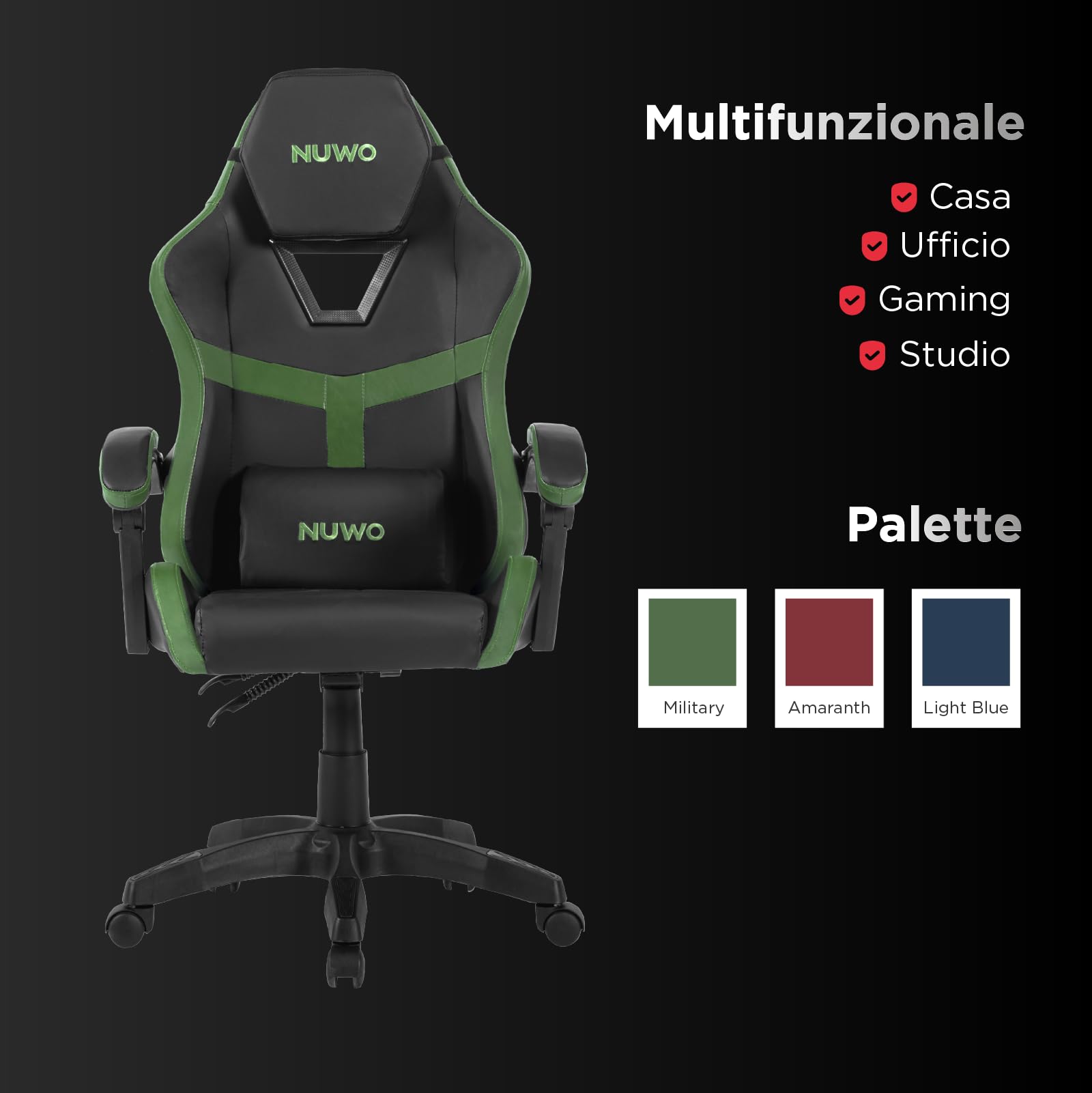 Nuwo Odin Sedia Gaming Ergonomica, Sedia PC Computer Gaming Ufficio, Braccioli Imbottiti Curvi, Schienale e Altezza Regolabile, Supporto Lombare e Poggiatesta, 120 Kg, Verde Militare