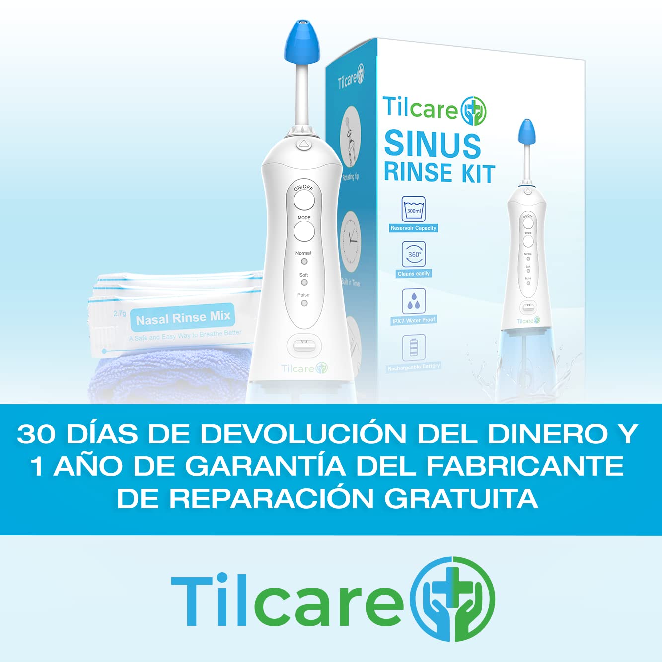 Kit de Lavado Nasal de Tilcare - Máquina perfecta e Irrigador Nasal para aliviar los senos nasales y las alergias - Electric Neti Pot que limpiará su nariz- Viene con una toalla y 30 paquetes de sal