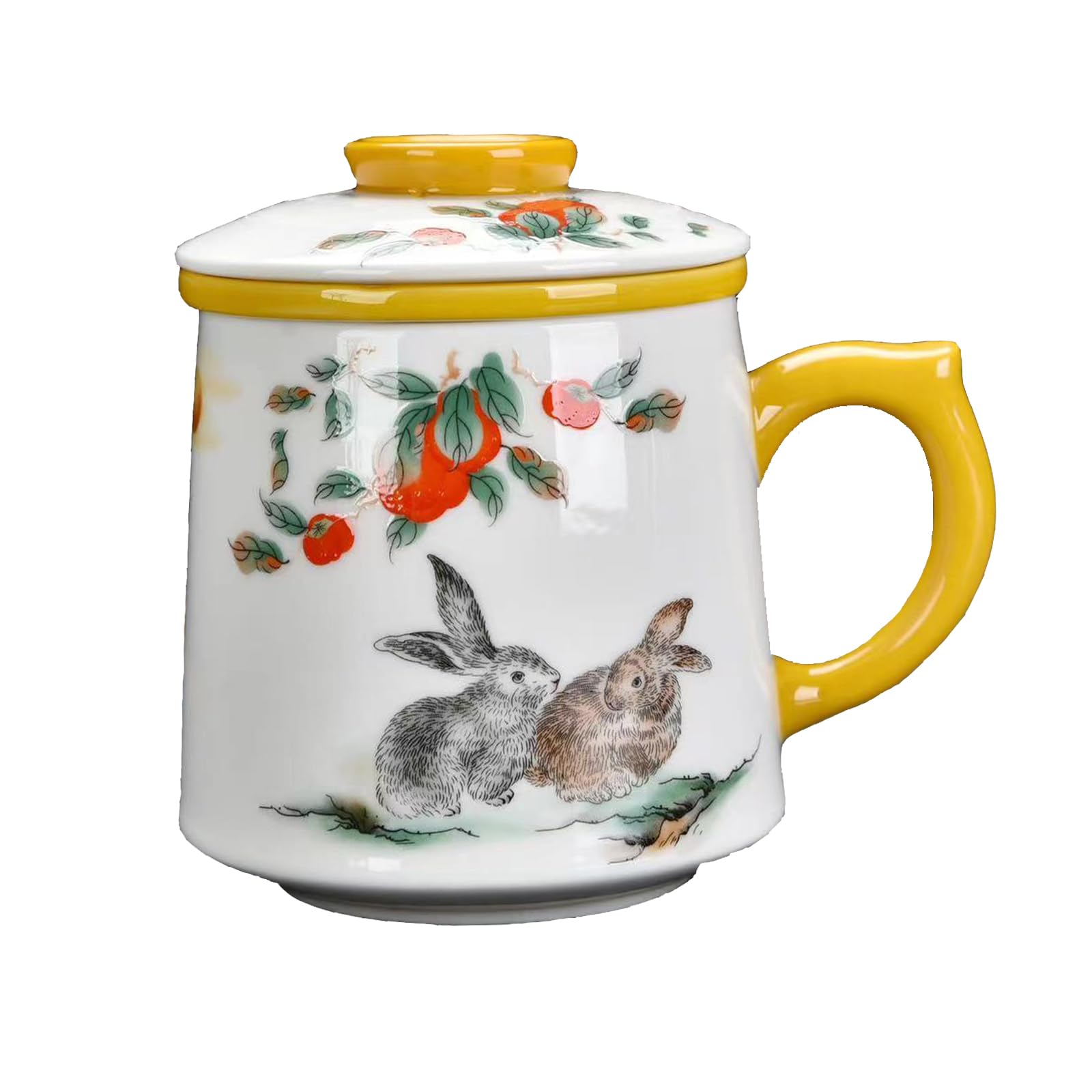 YURROADCeramic Tea Cup 3 in 1 Porcelain Tea Mug with Infuser/Lid/Handle Large Bone Mug 0.11gal/415ml Rabbit Pattern Tea Cup Gift for Women Personal Coffee Mugs Office/Home (White)-TC350
