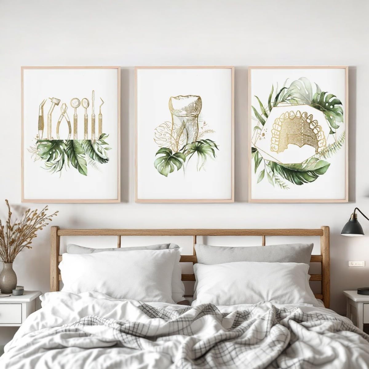 NATVVA Wall Art Set Of 3 Medical Teeth Poster Anatomy Green Leaf Plant Canvas Print Painting Wall Art for Home Dental Tooth Room Dental Office Wall Decor Unframed