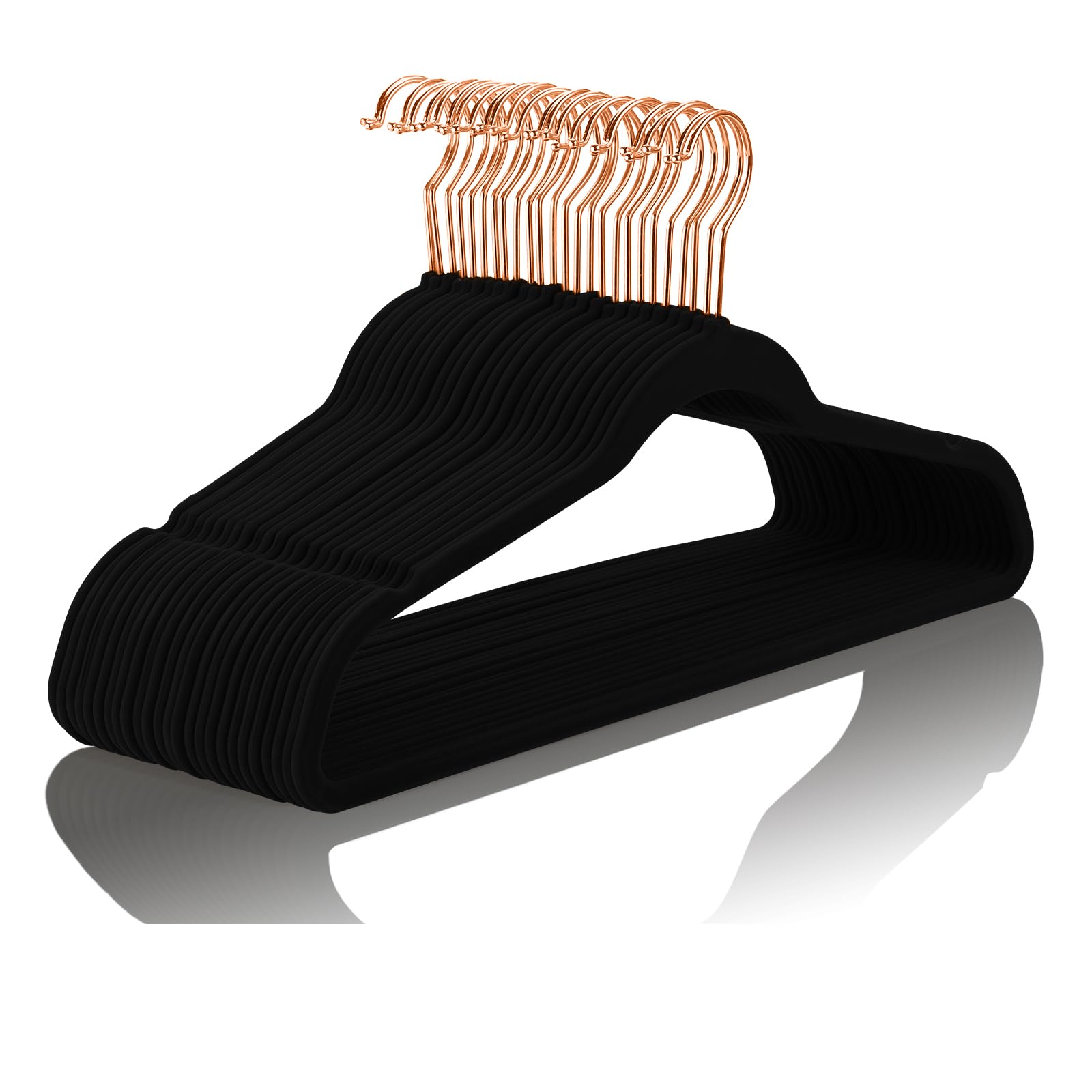MIZGI Premium Samt-Kleiderbügel, strapazierfähig, rutschfeste Filz-Kleiderbügel, Samt-Kleiderbügel, schwarz, rotgoldene Haken, platzsparende Kleiderbügel, 100 Stück