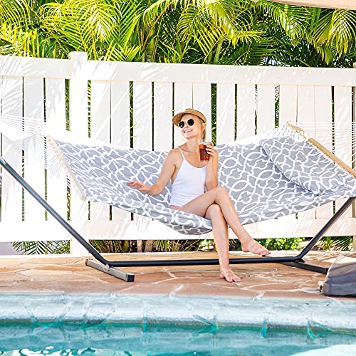Image of SUNCREAT 55 Inch Extra Large Double Hammock with Stand, 475lbs Capacity, Outdoor Portable Hammock with Hardwood Spreader Bar, Extra Large Pillow, Grey