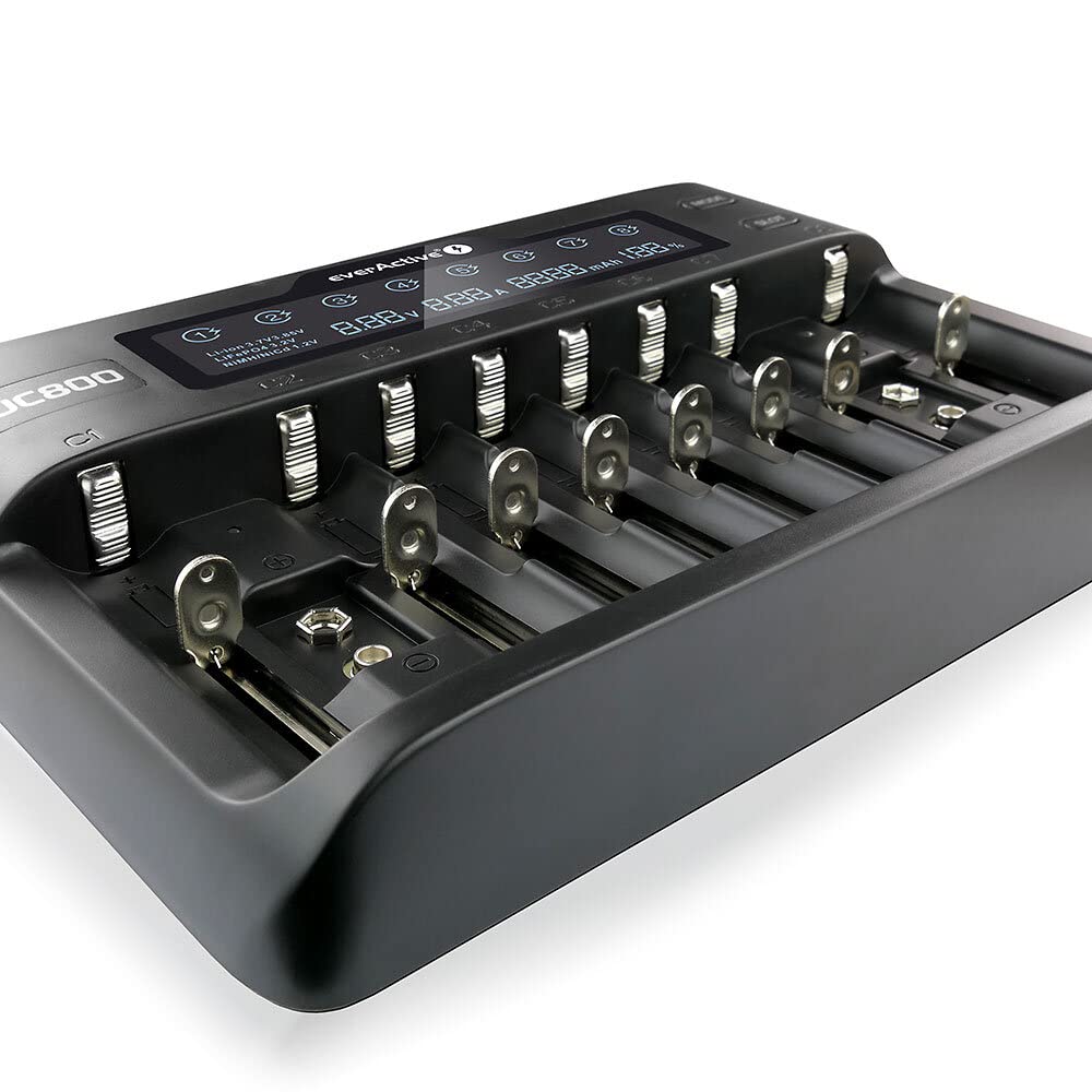 everActive Caricatore per fino a 10 batterie agli ioni di litio e NI-MH, Li-HV e Li-FePO4 professionale, veloce e universale, display LCD, test di capacità, modello: UC800