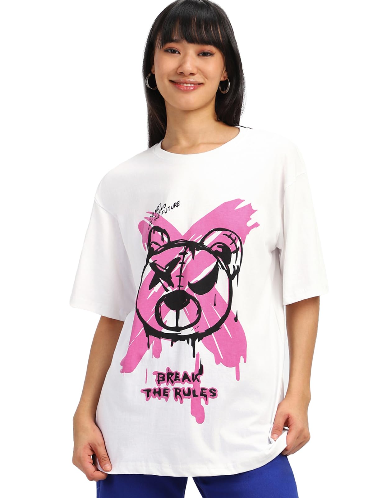 JUNEBERRY® 100% Pure Cotton Oversized Loose Baggy Fit Drop Shoulder Half Sleeve Round Neck Cool Front Teddy Printed Cork & White T-Shirt for Women/Girls (Available in from S to 2XL)