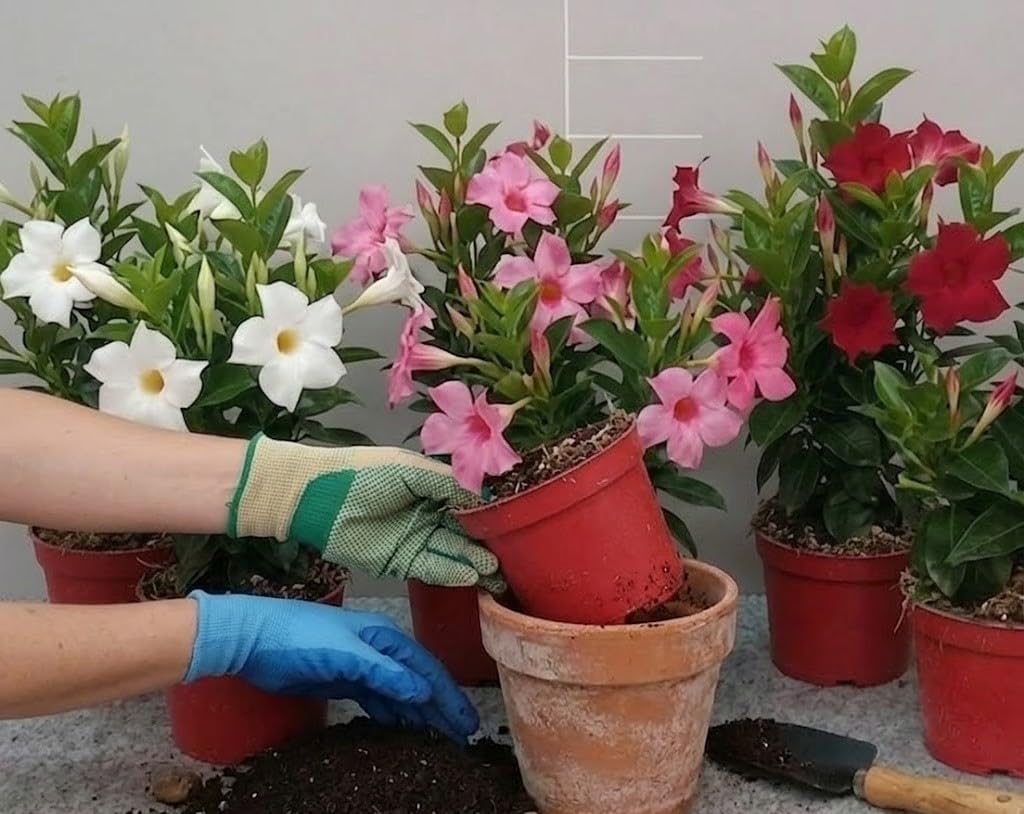Dipladenia Pianta Viva in Vaso da 14 cm, 6 Pezzi, 2 bianchi, 2 rosa, 2 rosse