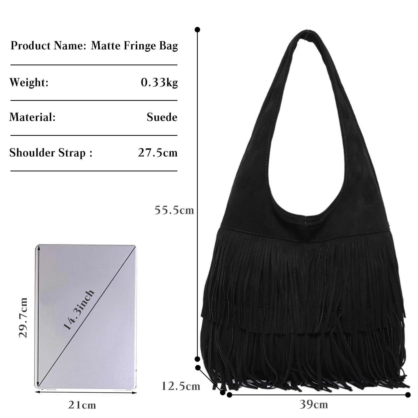 CORIOS Borsa a Mano in Pelle Scamosciata da Donna Con Frange Hippie Occidentale - Grande Tracolla per Spesa, Lavoro, Shopping, Viaggio - Stile Retro Elegante Nero