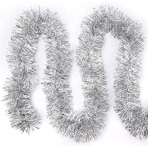 ARCCI Silver Christmas Tinsel Garland Holiday Decoration, 20 ft Classic Thick Colorful Reflections Shiny Sparkly Soft Party Hanging Tinsel, Xmas Tree Ceiling Ornaments Cover