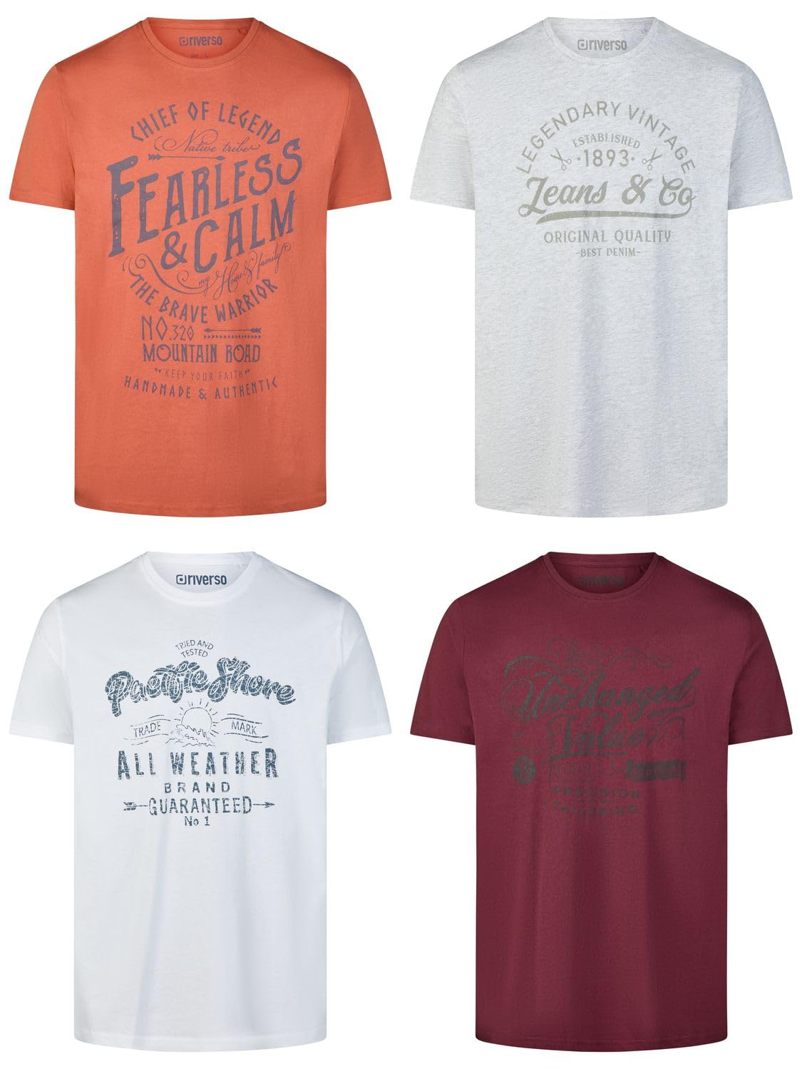riverso Tshirt Herren Baumwolle Regular Fit RIVLeon 4er Set Pack Rundhals Kurzarm Sommer Tee Shirt Print Grün Blau Weiß Grau Rot Orange S M L XL XXL 3XL 4XL 5XL