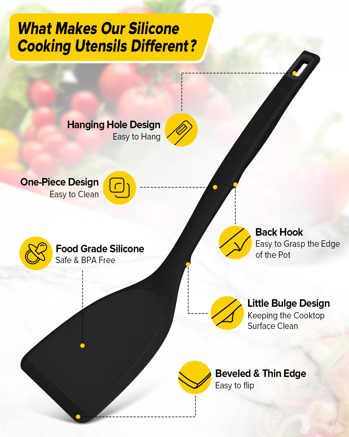 Packung von 2 Silikon Spatel Turner, Non-Stick Küche Spatel Set mit Rücken Haken, hitzebeständig BPA freie Küchenutensilien, geeignet für Flipping Fisch, Eier, Steak, Pfannkuchen (Schwarz)