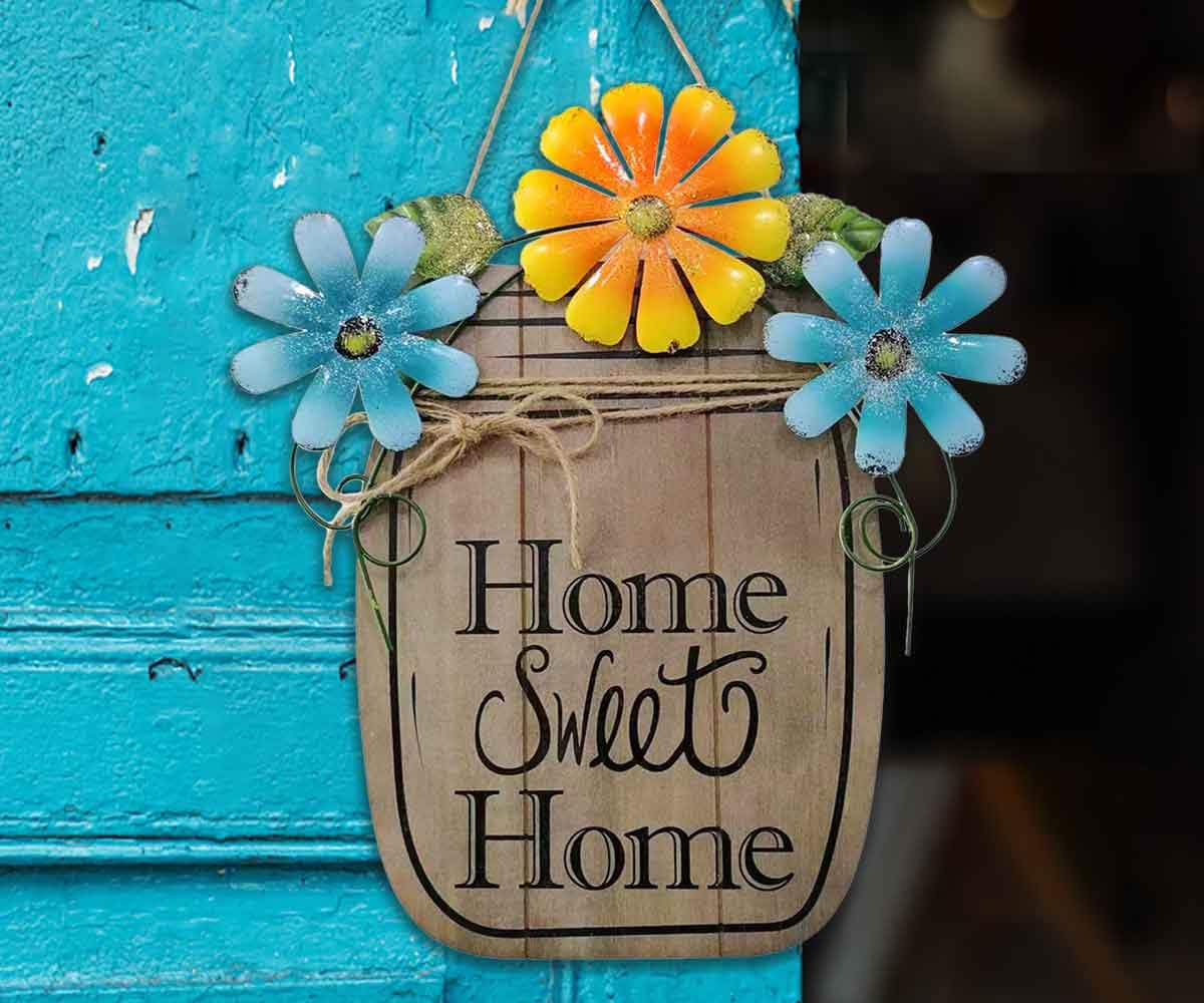 Home Sweet Home Sign Front Door Signs for Home, Door Decorations Hanging with Metal Flowers, Wood Farmhouse Front Porch Decor for Housewarming Gifts New Home Gift Ideas