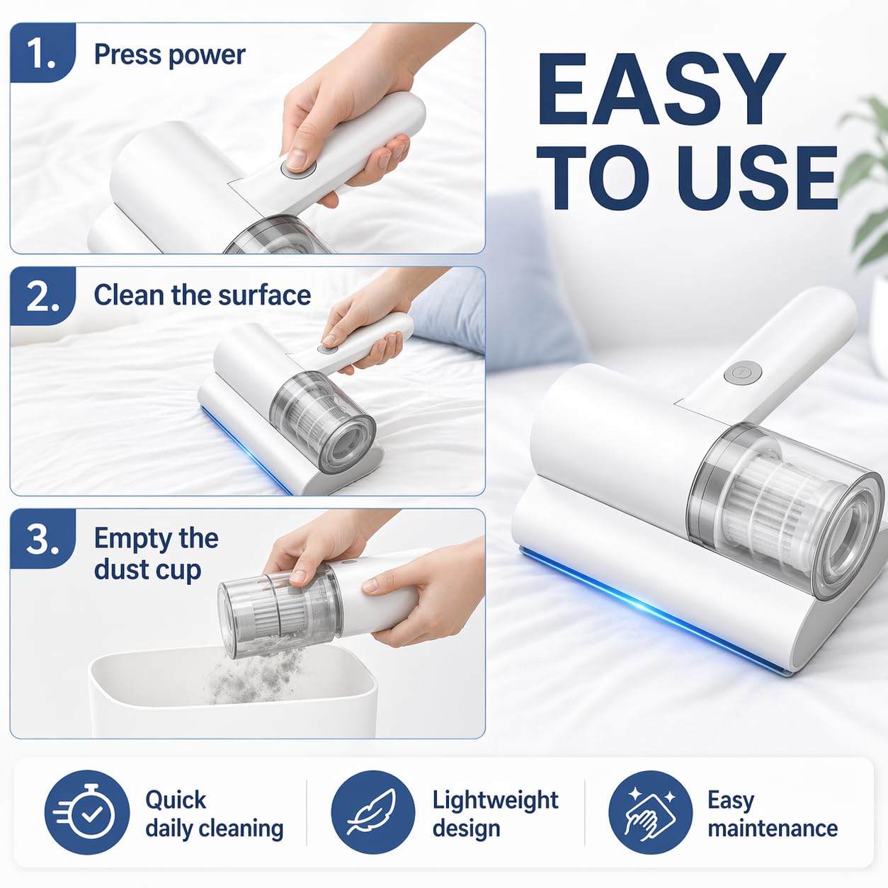 Aspiradora Antiacaros, Aspirador Acaros Sofa y Colchon con Una Gran Potencia de Aspiración, Aspirador Antiacaros para Colchones y Sofás Ropa de Cama y Sofás de Tela (Blanco)