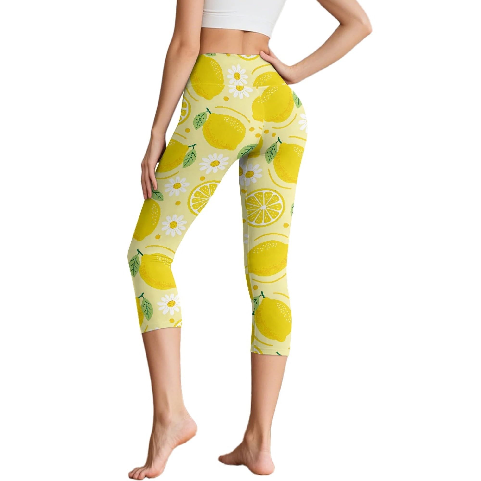 Amzbeauty Legging Capri 3/4 pour femme - Taille haute - Avec poches - Pour yoga, fitness, course à pied, entraînement, gym, Marguerite, XXL Slim Taille courte