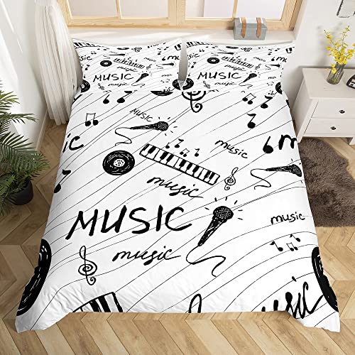 Homemissing Musique Thème Parure De Lit 200 x 200 Cm Noir Et Blanc Note De Musique Parure Housse Couette Motif Musical Housse Couette Ados Microphone Disques...