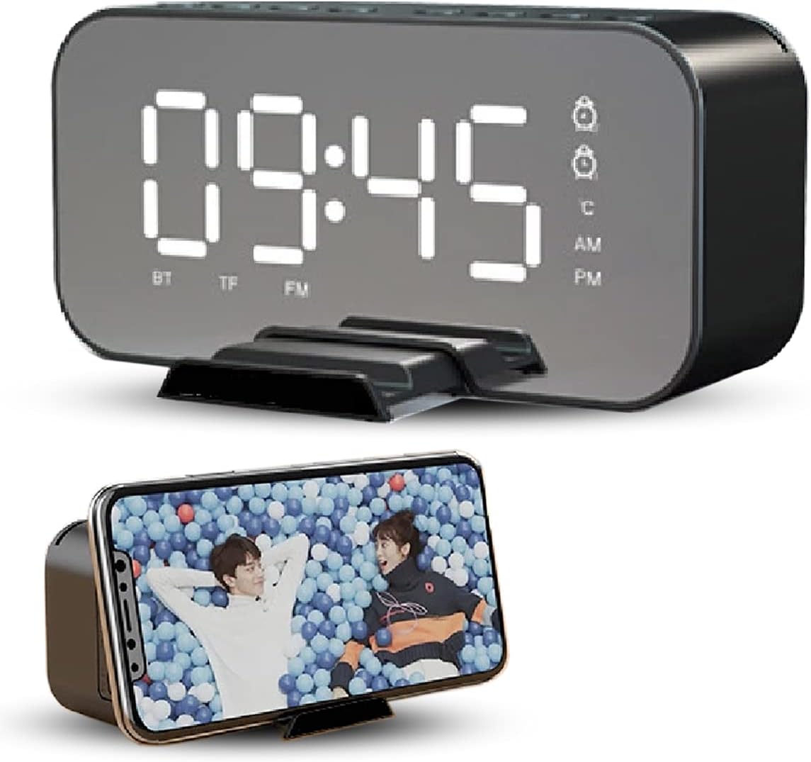 WALKENT Home Digital LED Clock (Black,Plastic) Bluetooth Speaker, Dual Alarm, Temperature Sensor & Display, Mobile Phone Holder, FM Radio(1.5Wx2.0Lx2.8H inches)