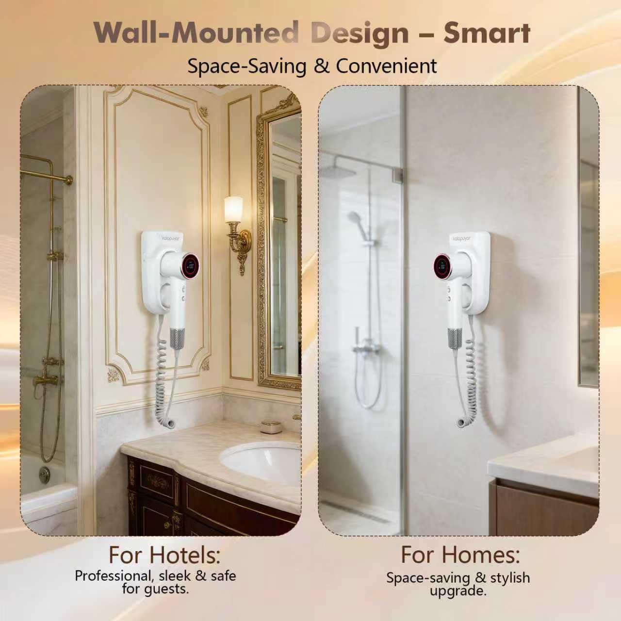 Wall Mounted Hair Dryer 1600W, Ionic Wall Mount Blow Dryer with LED Nightlight, 4 Heat 2 Speed Settings, Negative Ion Bathroom Hair Dryer for Home Hotel Spa, White