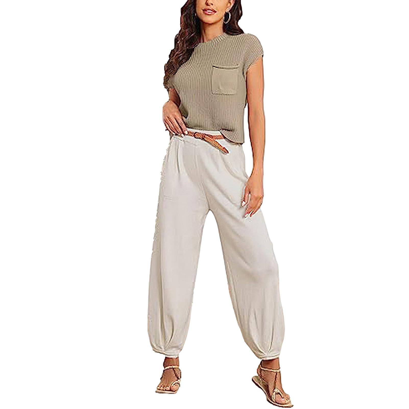 amropi Chándal de Mujer Conjuntos de Punto Jersey de Casual Manga Corta y Pantalón Jogging Lounge Set