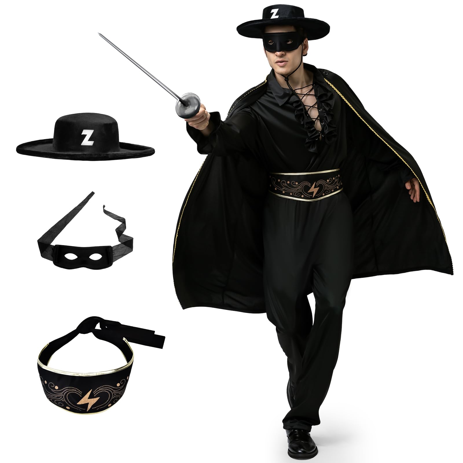 BuzzoXerex Disfraz Bandolero Hombre, Disfraz Enmascarado Adulto, Espadachin Disfraz Peliculas Hombre con Sombrero, Máscara, Capa, Camisa, Pantalones, Cinturón para Fiesta de Cosplay Carnaval