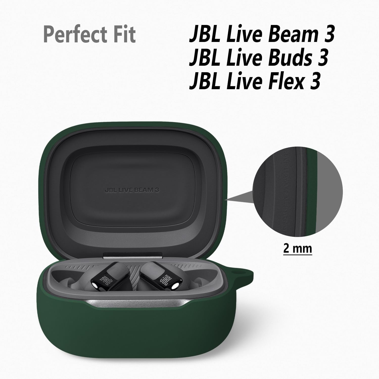 Geiomoo Silicone Case for JBL Live Beam 3, Buds 3, Flex 3, Protective Cover with Carabiner (Emerald Green) - Image 2