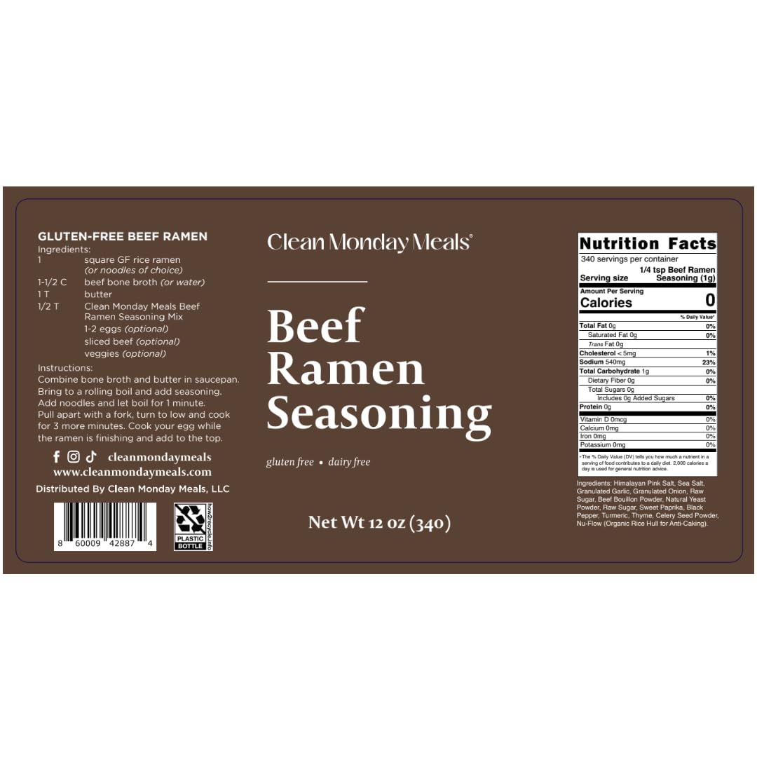 Clean Monday Meals Beef Ramen Seasoning Mix | Dairy Free & Gluten Free | 11.07oz | 2 Pack