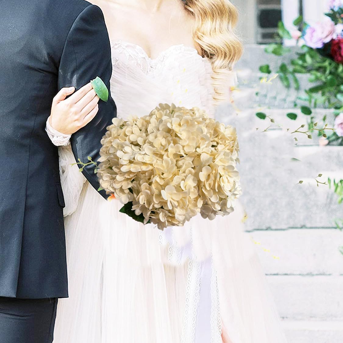 8 Pcs Large Hydrangea Artificial Flowers 27.5 inches Realistic Single Long Stem Full Faux Silk Hydrangea Bouquets Flowers Arrangements Home Decor DIY Wedding Centerpieces(Champange) - Image 4