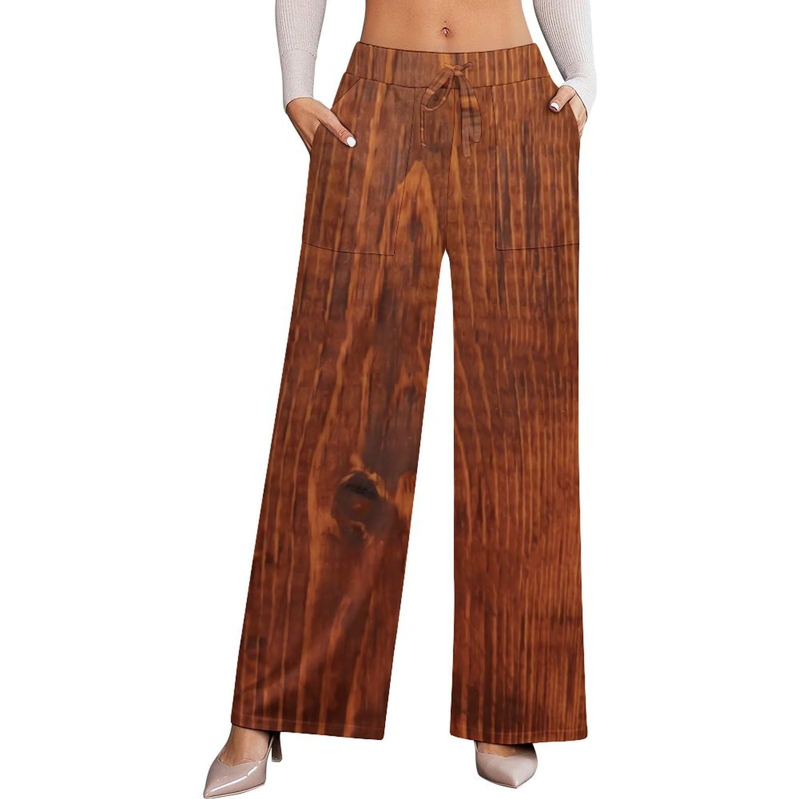 Dyale Wood Grain Look Womens Wide Leg Pants High Waisted Elastic Casual Sports Pants M