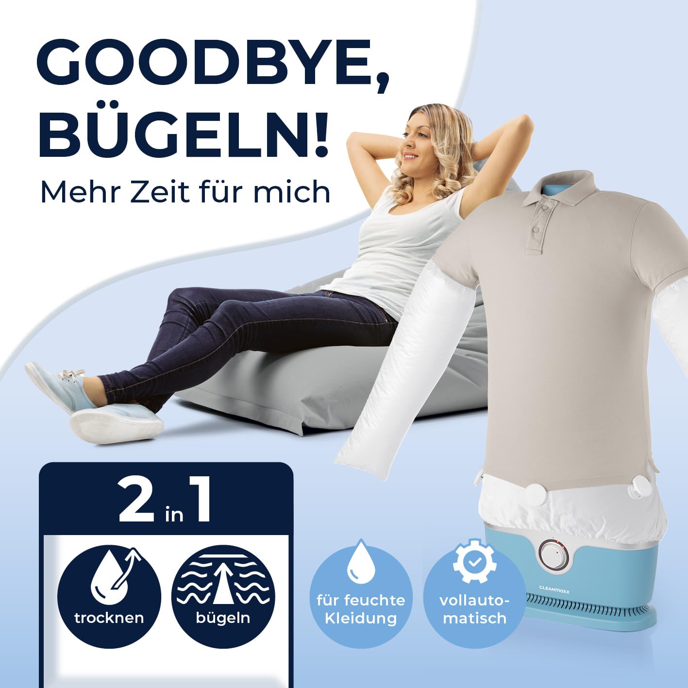 CLEANmaxx automatischer Hemdenbügler PRO | Ersetzt Bügeleisen, Bügelbrett, Dampfglätter und Steamer | Bügelgerät mit Bügelpuppe für Hemden, Blusen & Shirts | innovativ & effizient