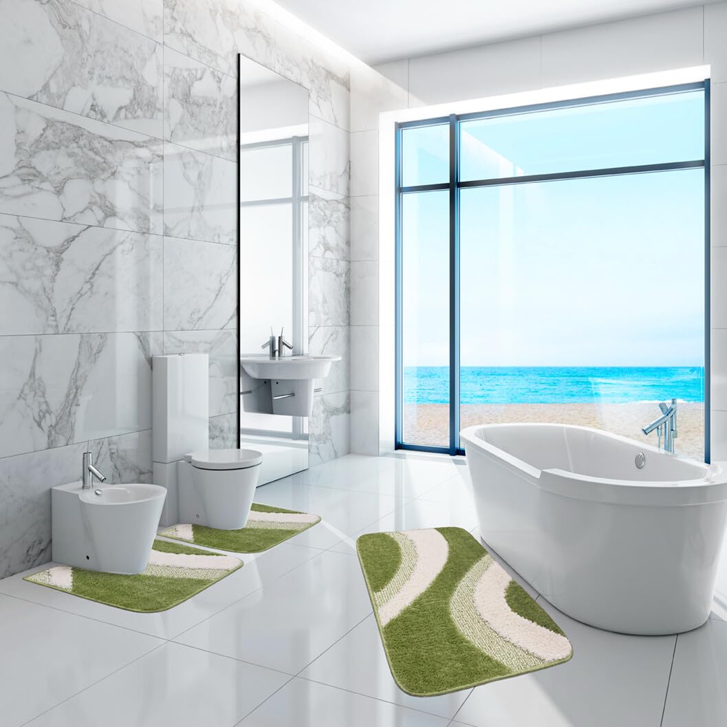 emmevi Tappeto Bagno Moderno Parure Set 3 Pezzi Morbido Soffice Shaggy Antiscivolo Lavabile Verde