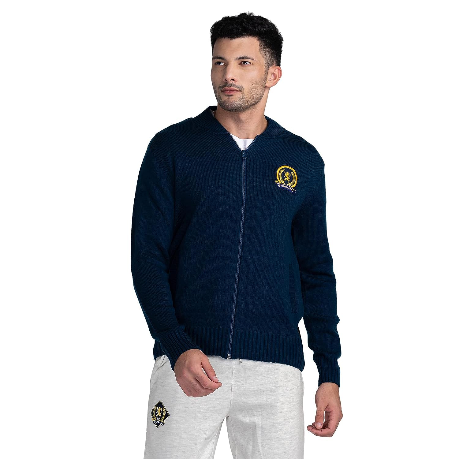 giordano Men's Solid Chest Brand Logo Band Collar Long Sleeves Zip Closure Acrylic Cardigan Sweater-picture-18