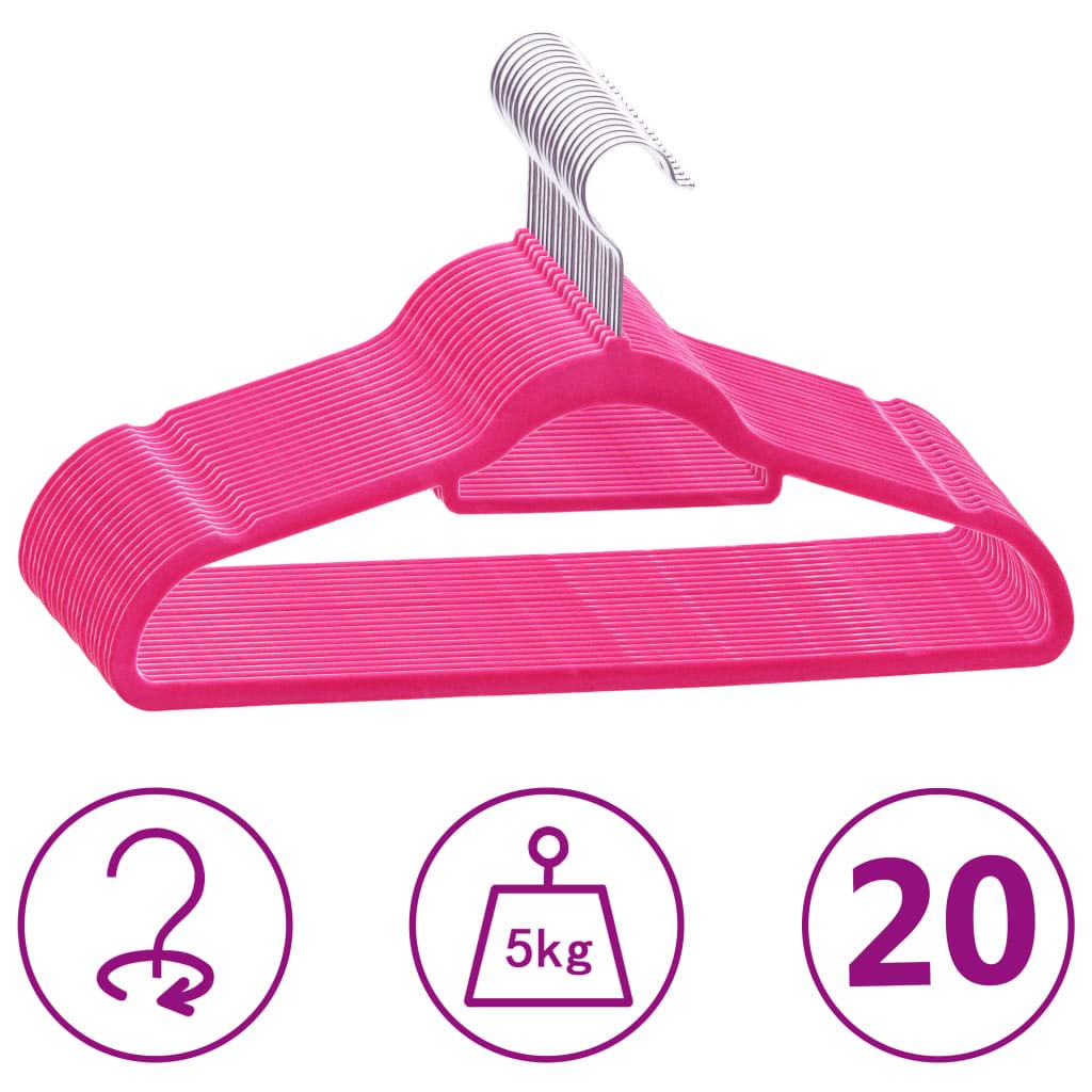 Juego de 20 perchas de terciopelo rosa con gancho giratorio de 360 grados, antideslizante, plástico y metal, 44,5 x 23,5 cm, con barra para pantalones, ahorro de espacio para camisas