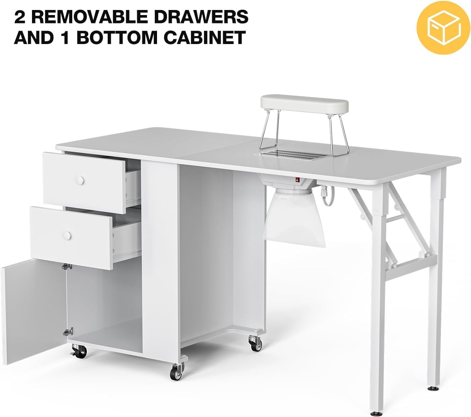 Foldable Manicure Table Nail Table,Folding Nail Desk Station for Nail Tech w/Electric Downdraft Vent,Lockable Wheels,Foldable Nail Arm Rest,Storage Drawers,Wooden Handles(White)