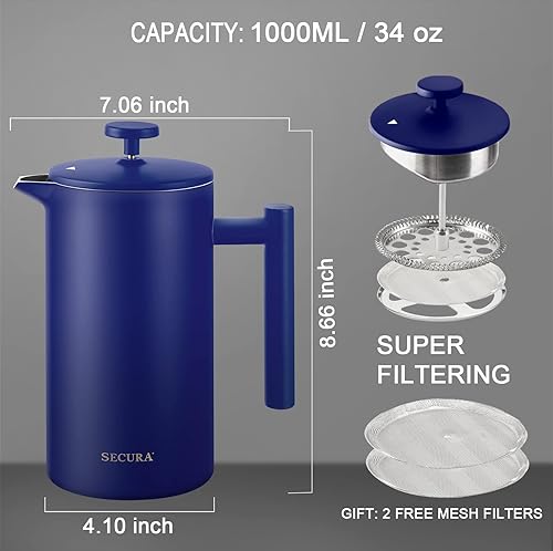 Miniatura 3 de Secura Cafetera de Prensa Francesa, Prensa de Café de Acero Inoxidable de Doble Pared Grado 304 con 2 Filtros Adicionales, 34 oz (1L), Azul