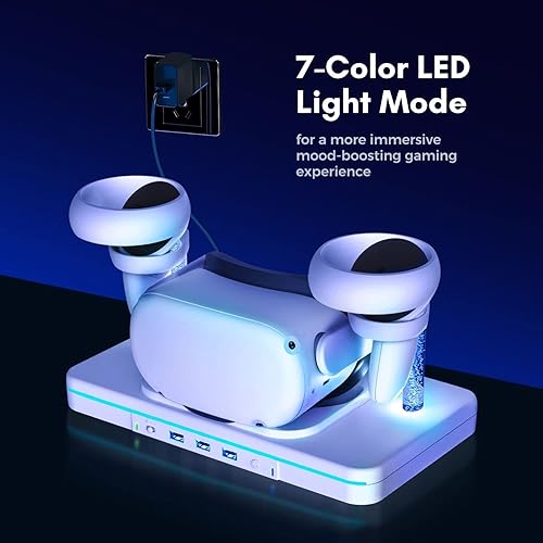 Miniatura 2 de TNP Base de carga para Oculus Quest 2 Estación de carga de auriculares y controlador de realidad virtual con luz RGB y 3 puertos USB 2.0 Cable
