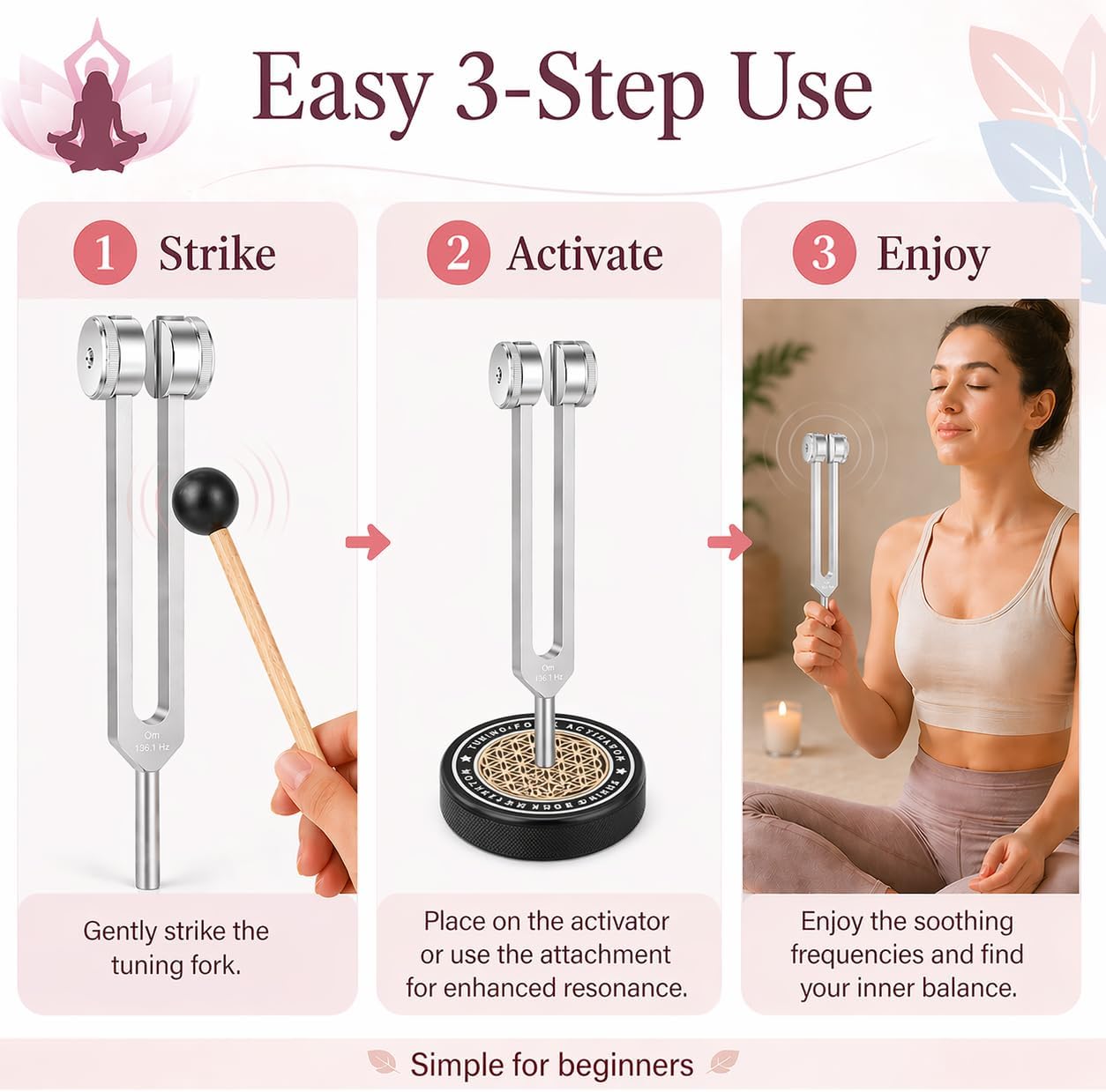 Tuning Forks for Healing Set, 128Hz 136.1Hz OM 256Hz 384Hz, Aluminum Alloy Sound Therapy Kit for Meditation, Yoga, Chakra Balancing and Reiki, Includes Mallet, Activator and Pouch