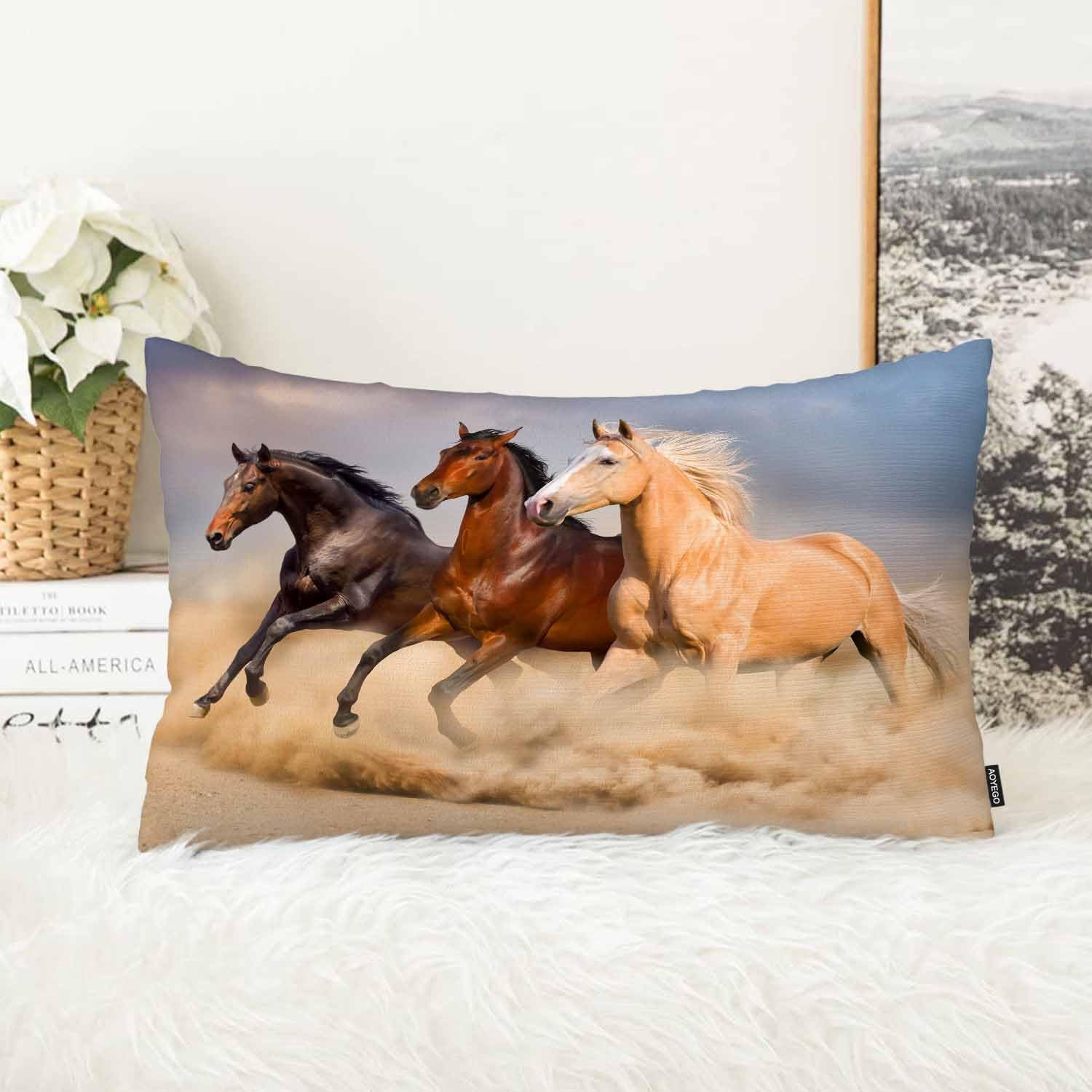 AOYEGOGroup of Horse Throw Pillow Case Horse Run Gallop in Sand Pillow Cover Cushion Covers for Couch Sofa Home Farmhouse Decoration King Size 20X36 Inches Black Brown