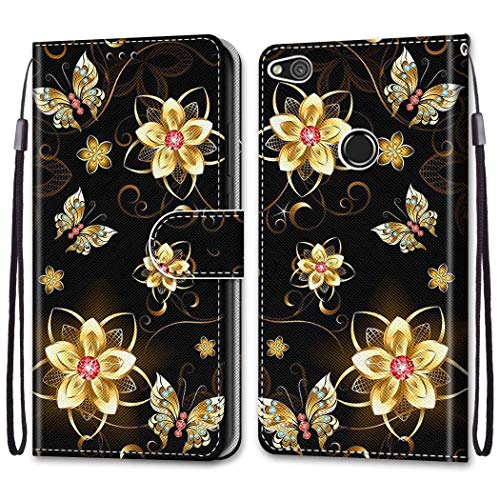 VQWQ Funda Compatible with Huawei P8 Lite 2017 - Piel Funda con Magnético Tapa Tipo Billetera con Soporte Plegable para Tarjeta de crédito Bolsillo Carcasa para Huawei P8 Lite 2017 [PA]- Dorado