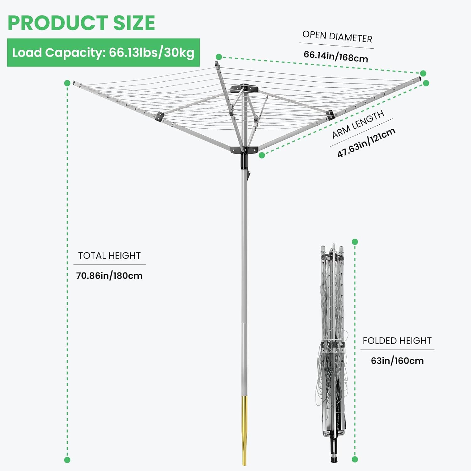 Outdoor Umbrella Drying Rack, 4-Aluminum Arms Folding Rotary Dryer with 12 Lines 165 ft Drying Space Adjustable Height Clothesline w/Waterproof Cover & Ground Spike for Garden Backyard(Grey)