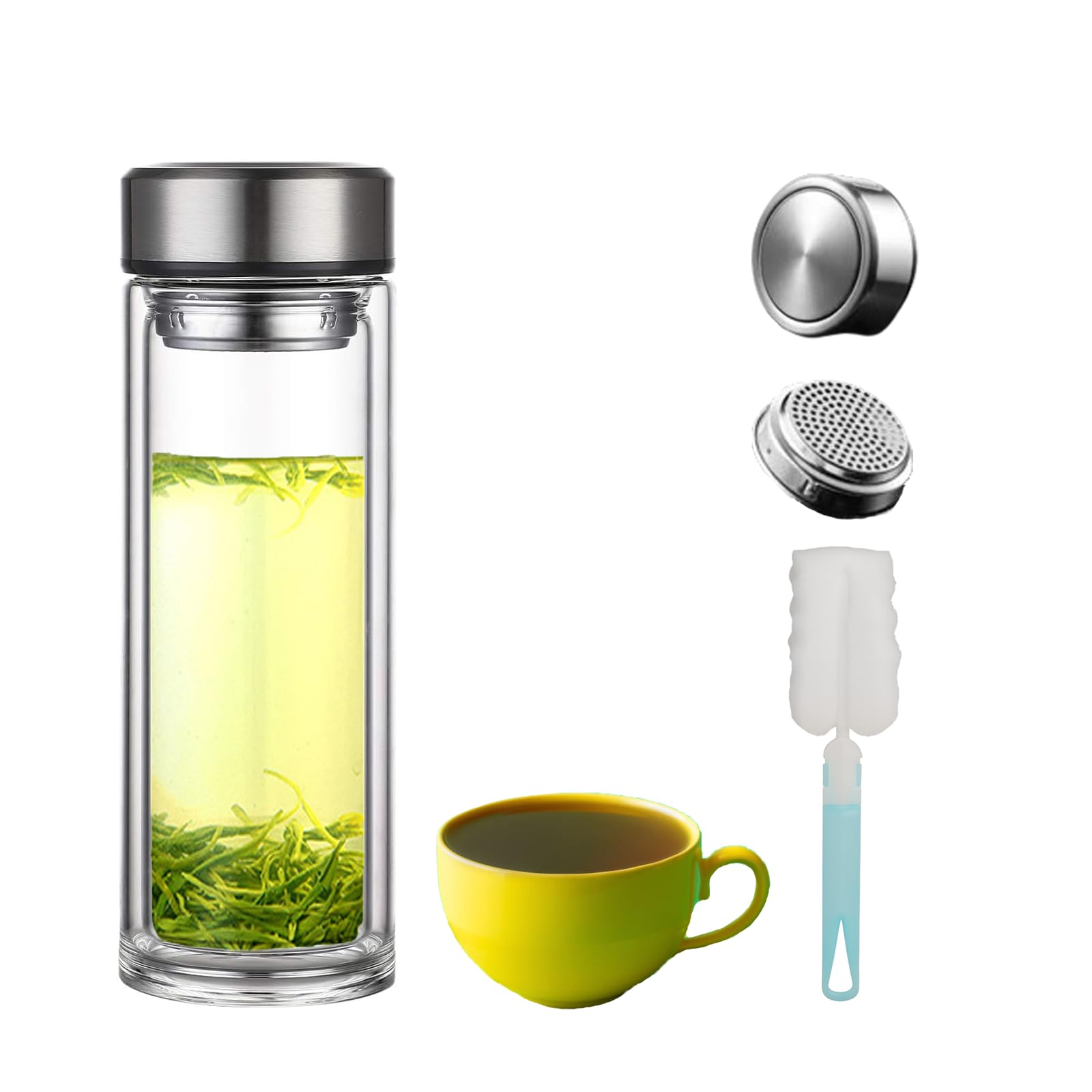Teebecher mit Teesieb, 340.2 g Teeflasche mit Teesieb, kleine doppelwandige Teeflasche aus Borosilikatglas, 100% auslaufsicher, mit Edelstahlfilter, 350 ml