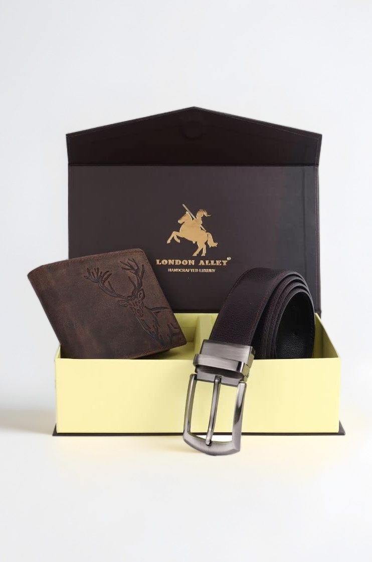 ELK Vintage Brown Leather Wallet & Black/Brown Reversible Belt Combo Gift Box for Men