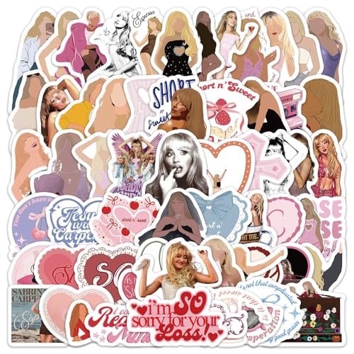60PCS Sabrina Carpenter Stickers Pack for Water Bottle, Laptop, Kindle, Cartoon Music Singer Stickers for Phones, Notebook, Refrigerators, Bicycles, Cars, Helmets, Gift for Fans