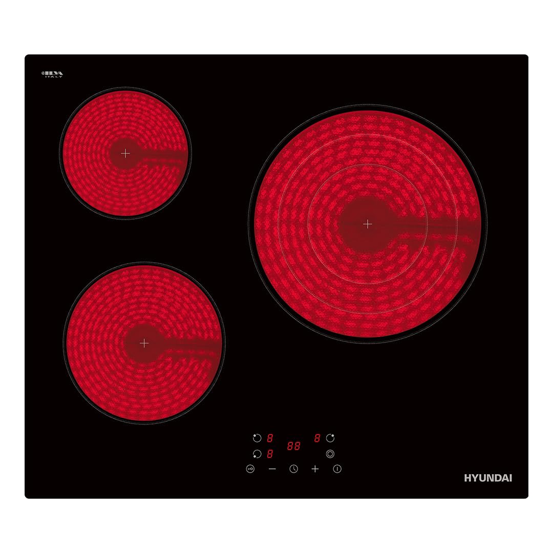 Hyundai Placa Vitrocerámica Cristal negro HV3601. Potencia máx. 5700 W, 3 Zonas de Cocción, 9 Niveles de Cocción, Control Táctil, Bloqueo y Autodesconexión de Seguridad