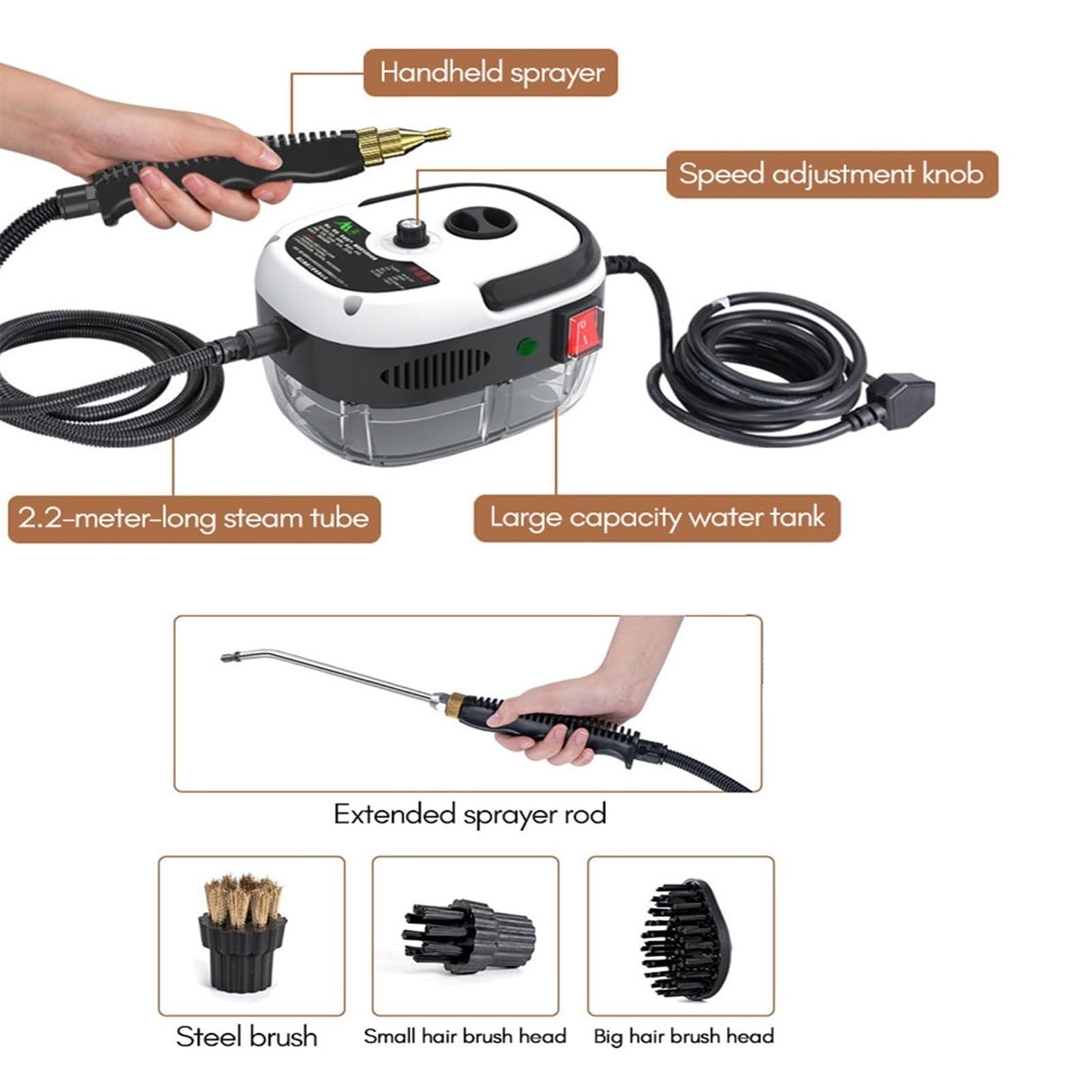 Nettoyeur Vapeur Haute Pression 2500 W, Nettoyeur Vapeur Portable Avec 3 Têtes De Brosse Et Chauffe Rapide En 10 Secondes(Red,220V)