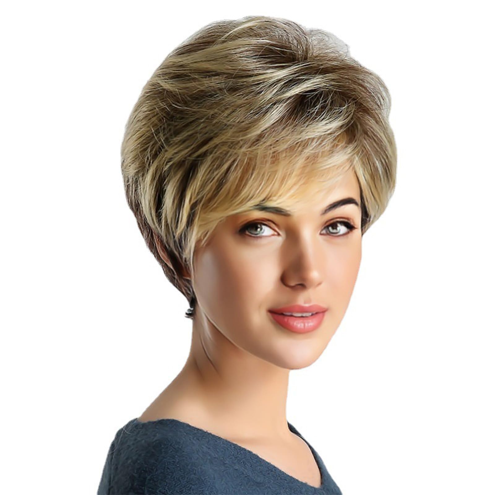 Woojfcang Short Ombre Blonde Mix Brown Wigs for Women Pixie Cut Wig with Bangs