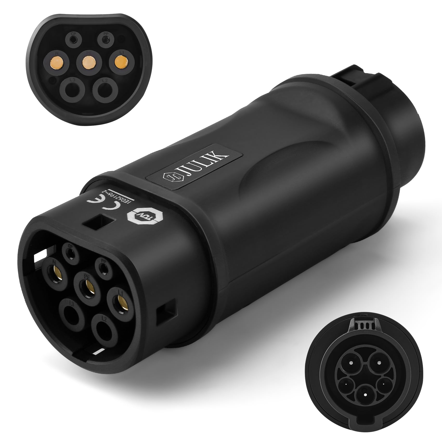 JULIK Adaptador Tipo 1 a Tipo 2 (SAE J1772 a IEC 62196) - 32A 7.2kW, IP54 Impermeable, Convertidor para Cargar Coche Tipo 2 EV/PHEV en Estaciones Tipo 1