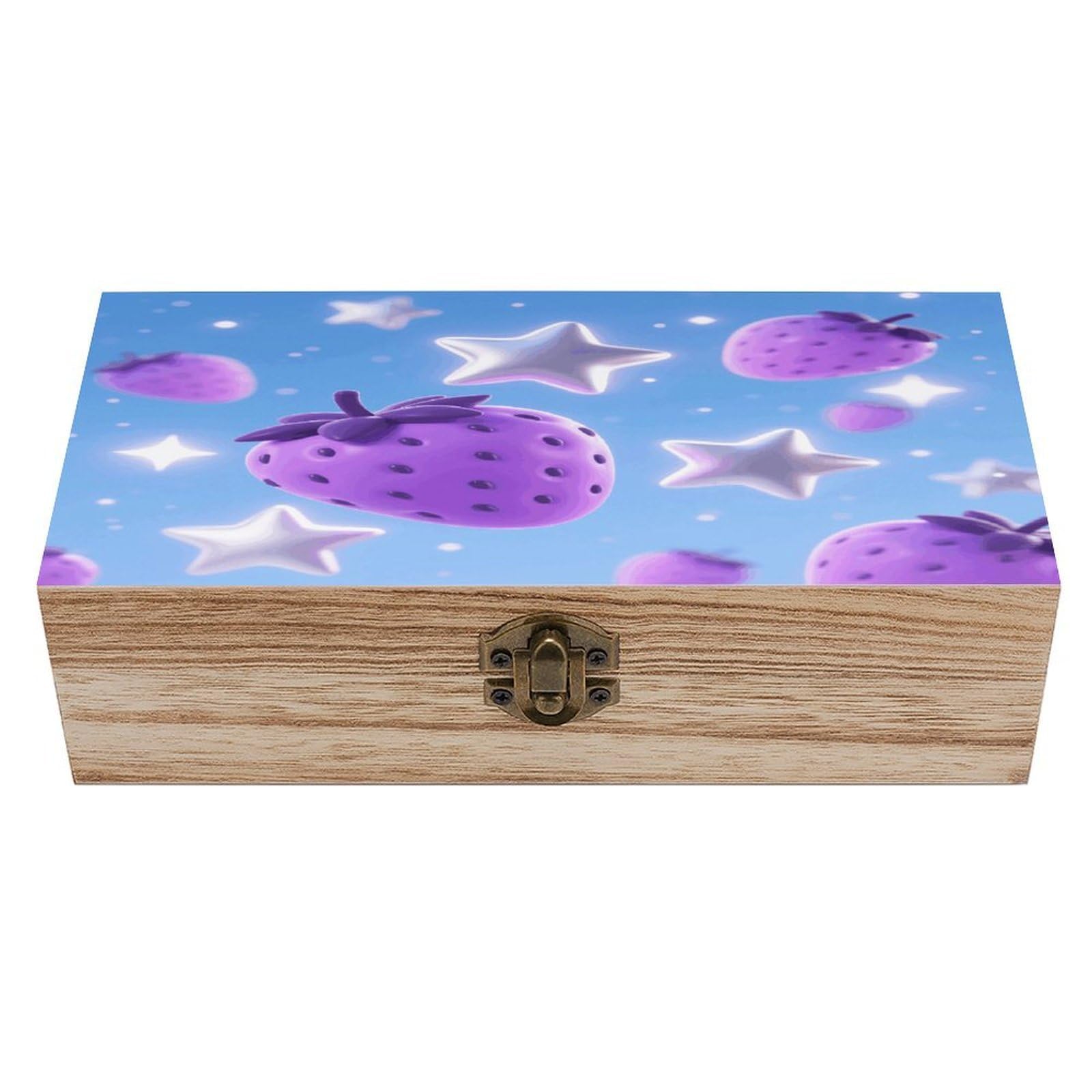 VstaDank Stars And Purple Strawberries Wooden Box Sturdy Vintage Storage Box with Hinged Lid Exquisite Wood Keepsake Boxes Large Jewelry Case Cute Trinket Holder Unique Gift for Men & Women