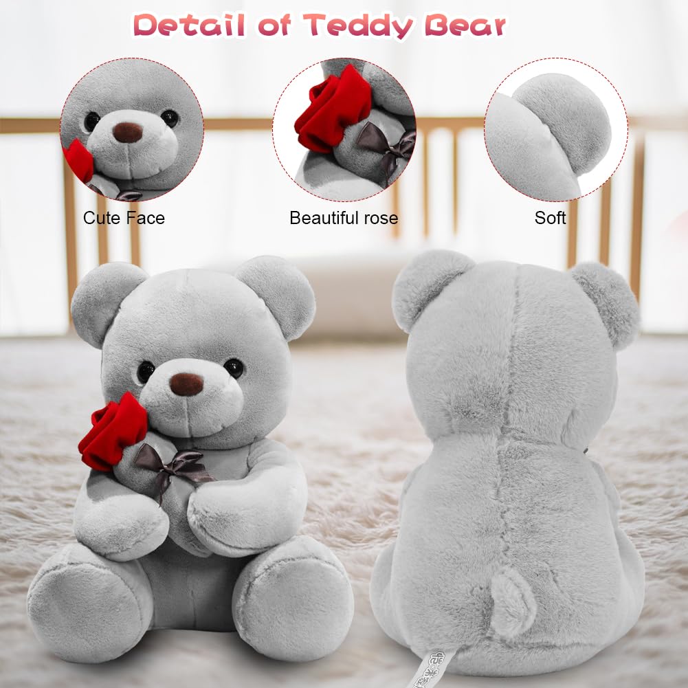 Fouvin Orsacchiotto con Rosa in Peluche 23 cm - Morbido Peluche per Bambini e Ragazze, San Valentino, Compleanni, Mamma e Decorazione Casa