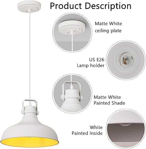 Miniatura 4 de Luces colgantes blancas de granja, iluminación colgante mate para isla de cocina, industrial de altura ajustable, vintage, cúpula colgante para
