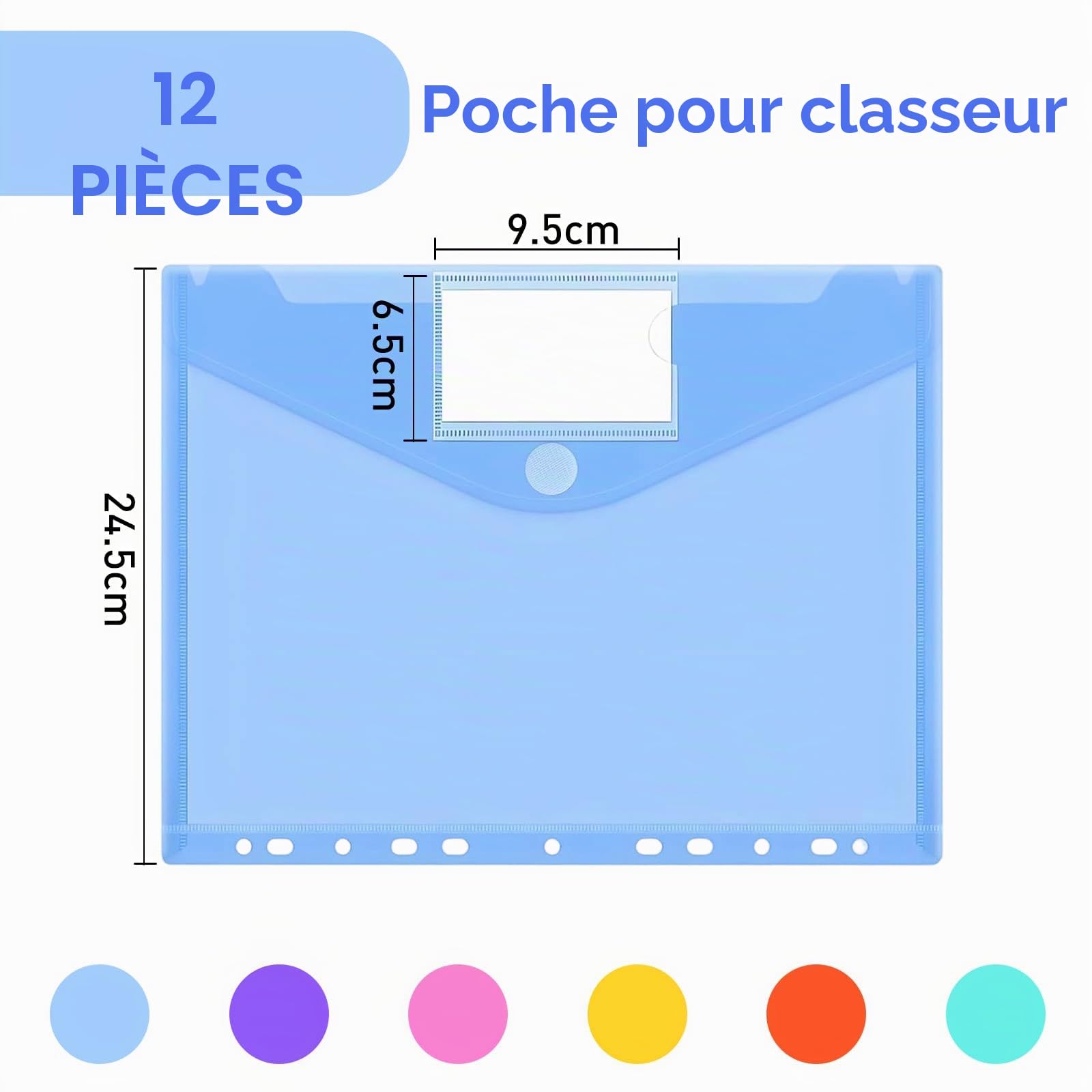 Pochette Porte-Documents A4 12PCS, Pochettes Plastiques Perforées A4 avec 11 Trous, Pochette Classeur 6 Couleurs Transparentes avec Poches, pour Étiquettes pour Organiser les Documents