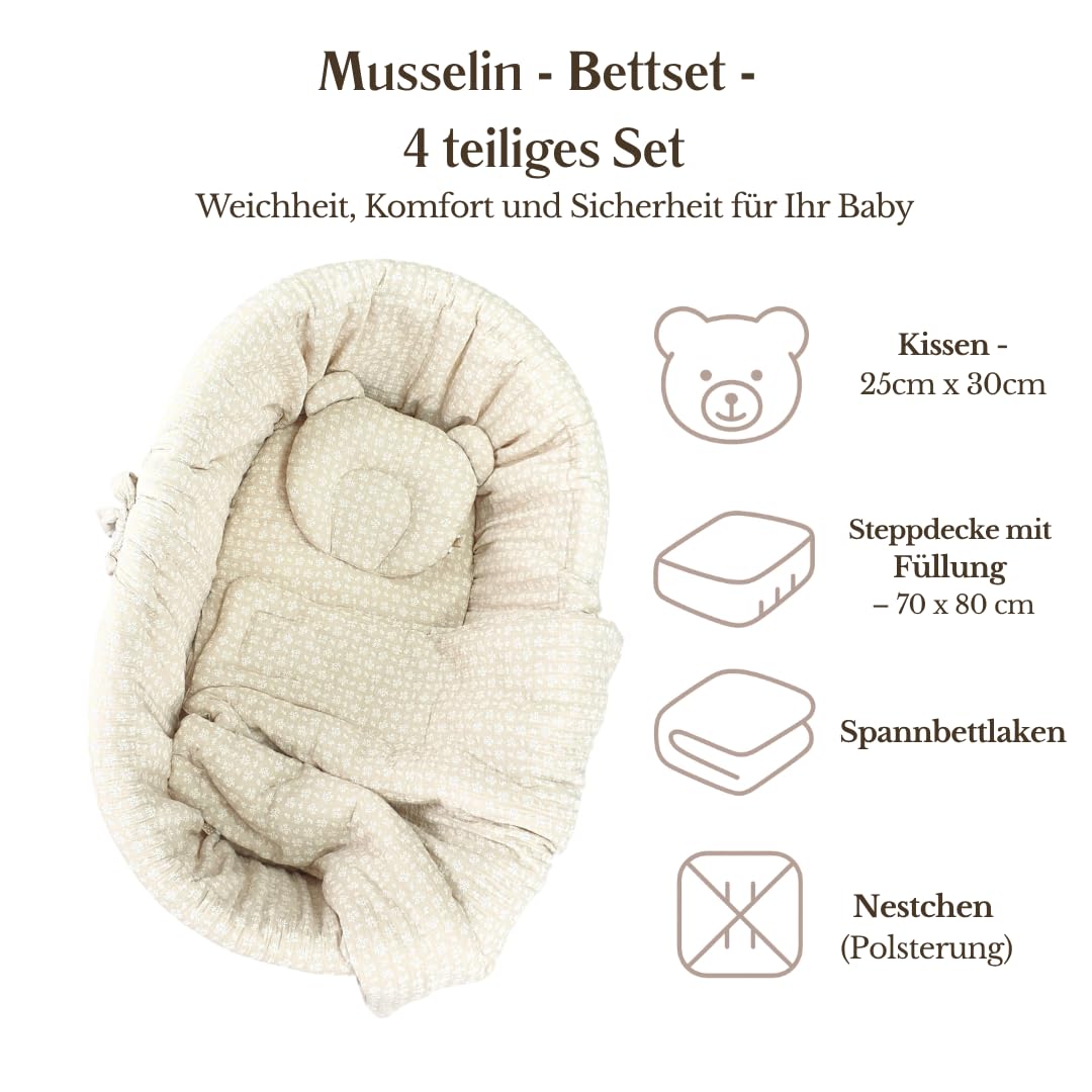 Wózek wiklinowy AMELIA, brązowy ze stelażem, materacem i pościelą, ciche koła, przenośne łóżko dla niemowląt/noworodków (beżowe gałązki)