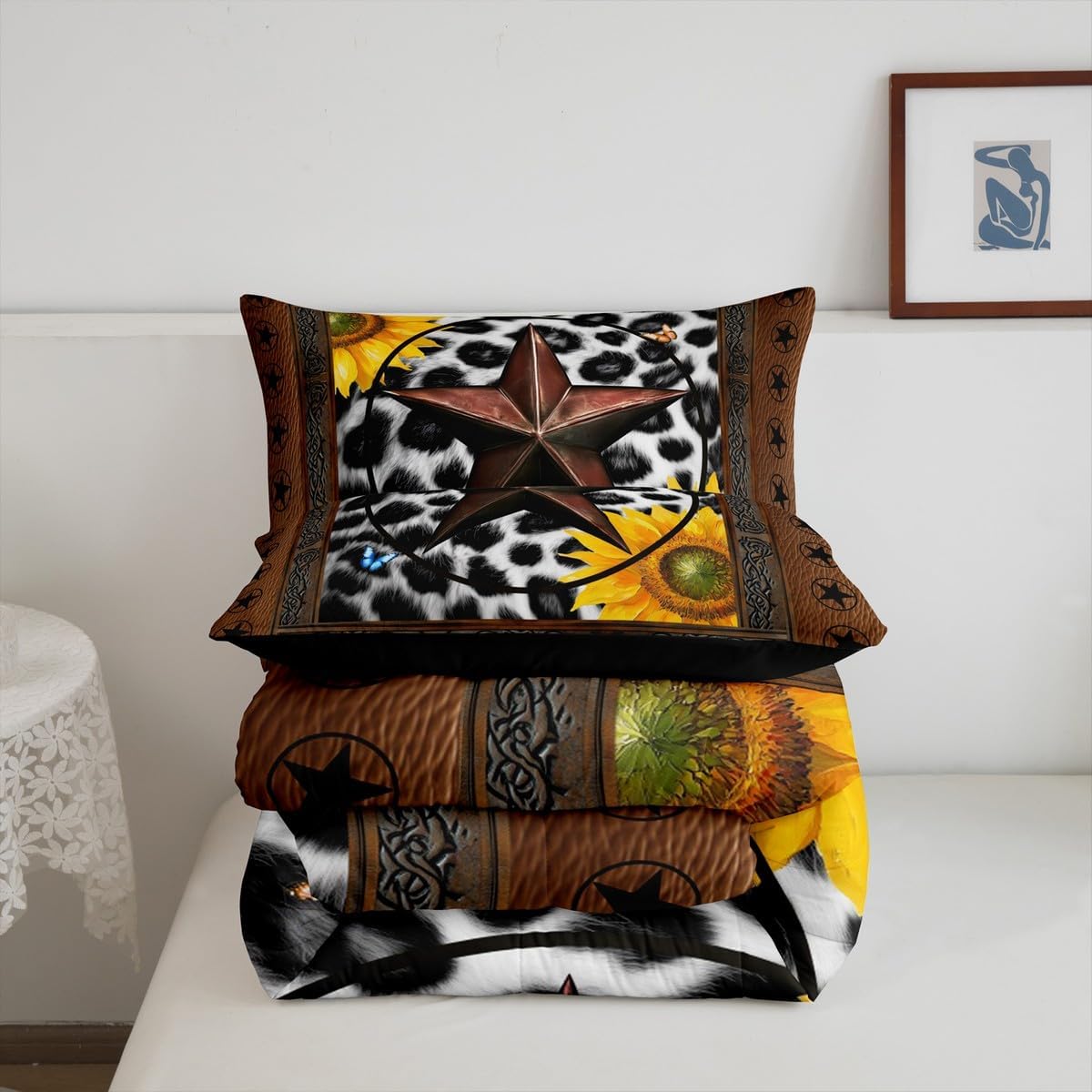 Erosebridal Western Texas Star Bedding Set Toddler, Rustic Cowhide Comforter Set for Kids Teens Adult Room Decor, Cow Print Farm Animal Duvet Insert Cowboy Vintage Sunflower Quilt, 1 Pillow Case